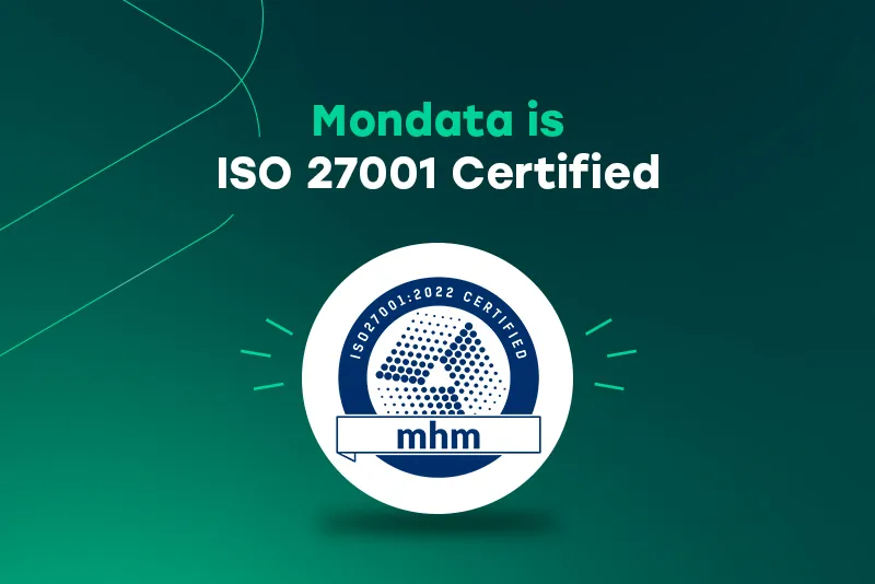 Mondata is ISO 27001 certified: the “ISO 27001:2022 certified” seal issued by mhm