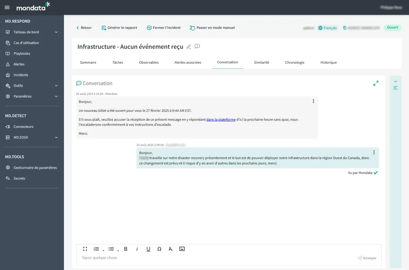 A live conversation between a Mondata analyst and a customer in the MDR console.