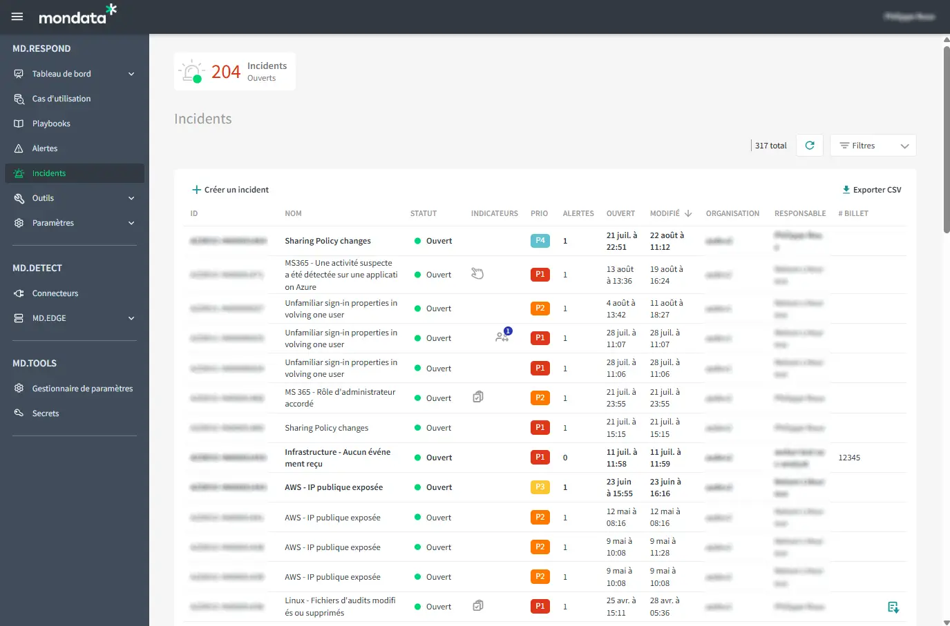 The list of ongoing security incidents in the MDR console.